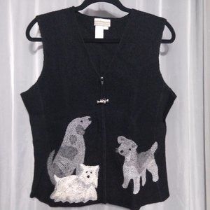 Black Wool Vest Zipper Gray White Embroidered Dog